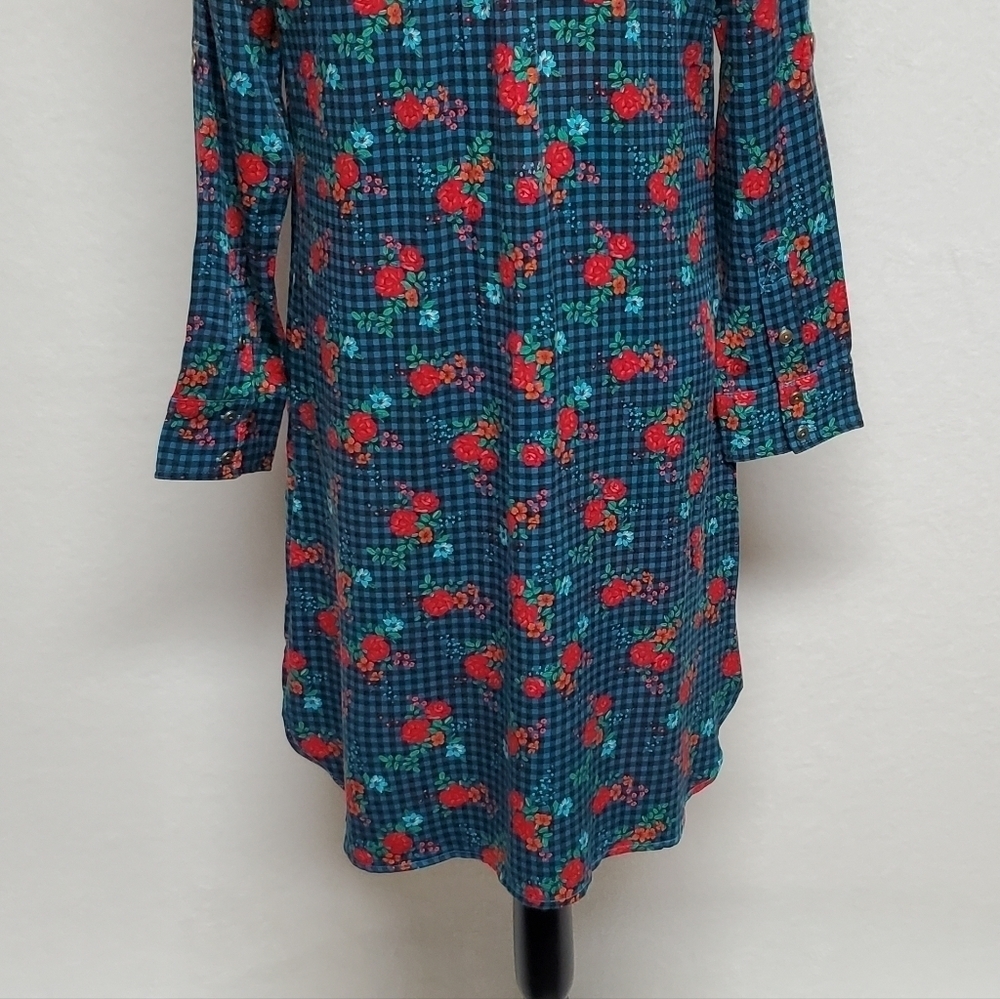 MATILDA Jane Fa La La Blue Plaid Red Rose Floral Button Up Midi Dress XS - Picture 12 of 14